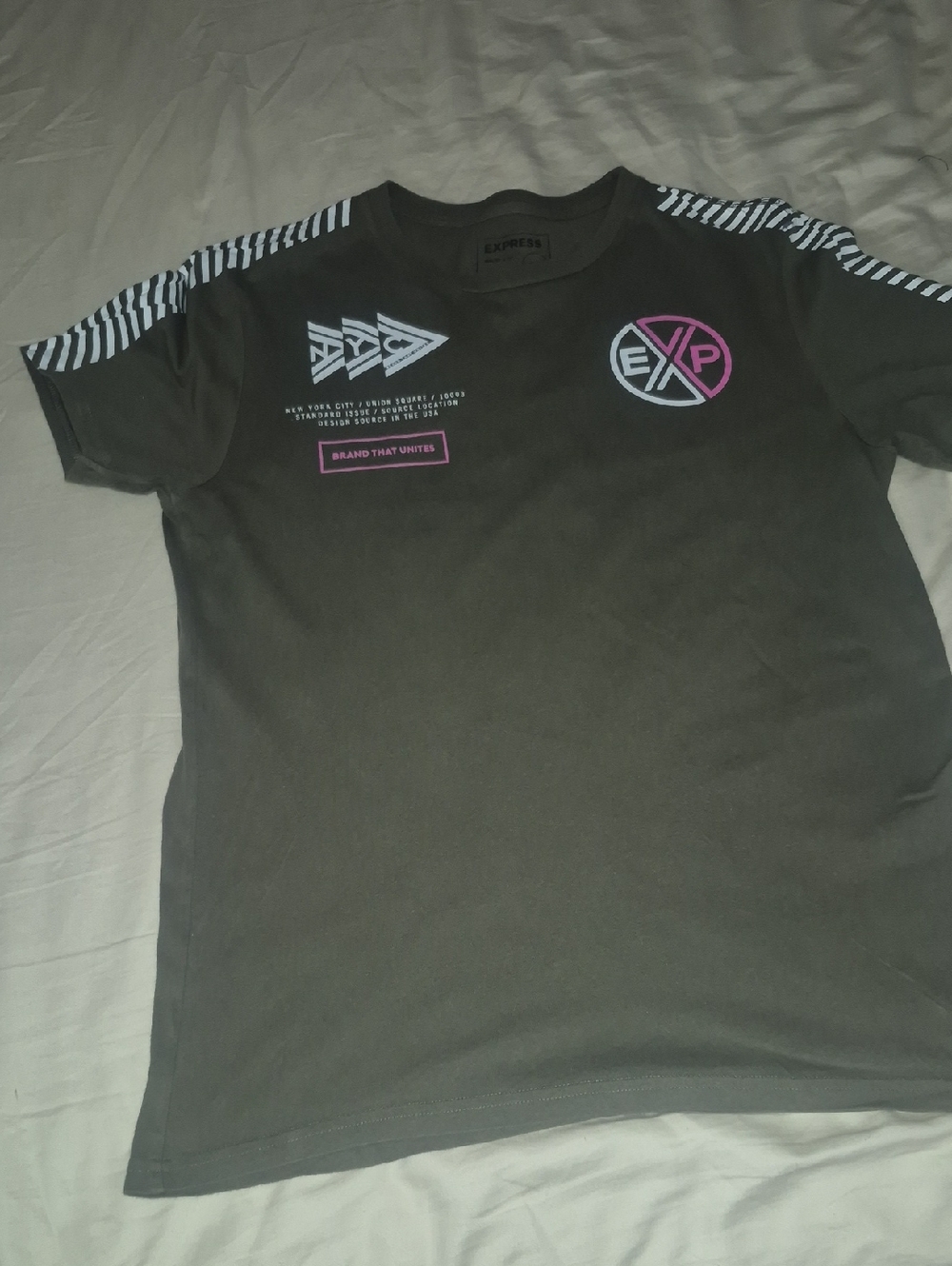 Express Olive Green Short-Sleeve Tee with Pink & White Graphics - Picture 3 of 3